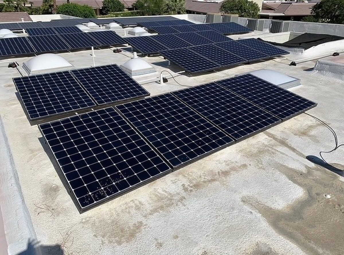 Solar panels on a flat commercial roof
